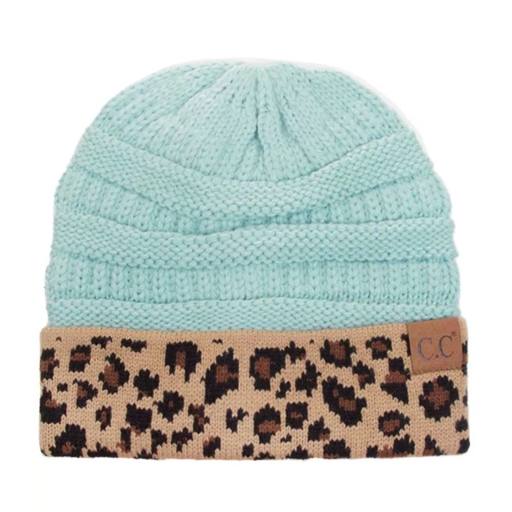 CC Classic Solid Mint With Leopard Cuff Beanie